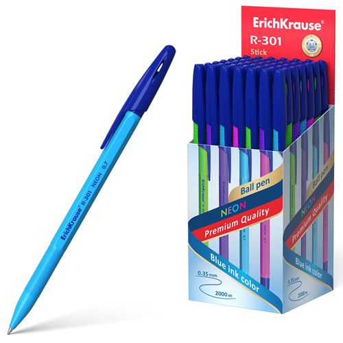 Ручка шариковая ERICH KRAUSE R-301 Neon Stick, синяя, 0,7 мм, цвет корпуса ассорти