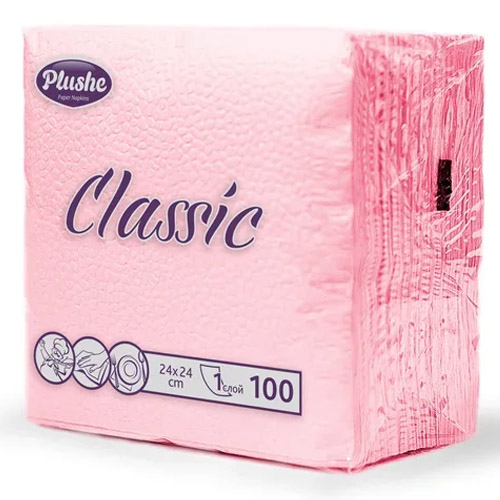 Салфетки бумажные PLUSHE Classic пастель розовые 1 слой, 24*24 см, 100 шт.