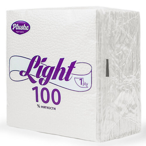 Салфетки бумажные PLUSHE Light белые, 1 слой, 22,5*22,5 см, 90 штук