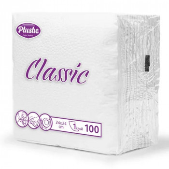 Салфетки бумажные PLUSHE Classic белые, 1 слой, 24*24 см, 100 штук